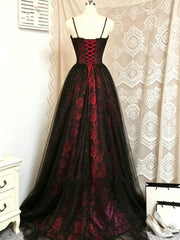 Chic Black and Red Floral Straps Tulle Prom Dress, A-line Black and Red Gothic Evening Dress