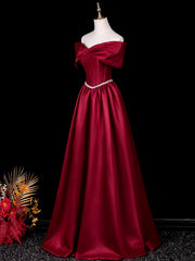Lovely Wine Red Satin A-line Long Prom Dress with Beadings, Wine Red Off Shoulder Floor Length Party Dress