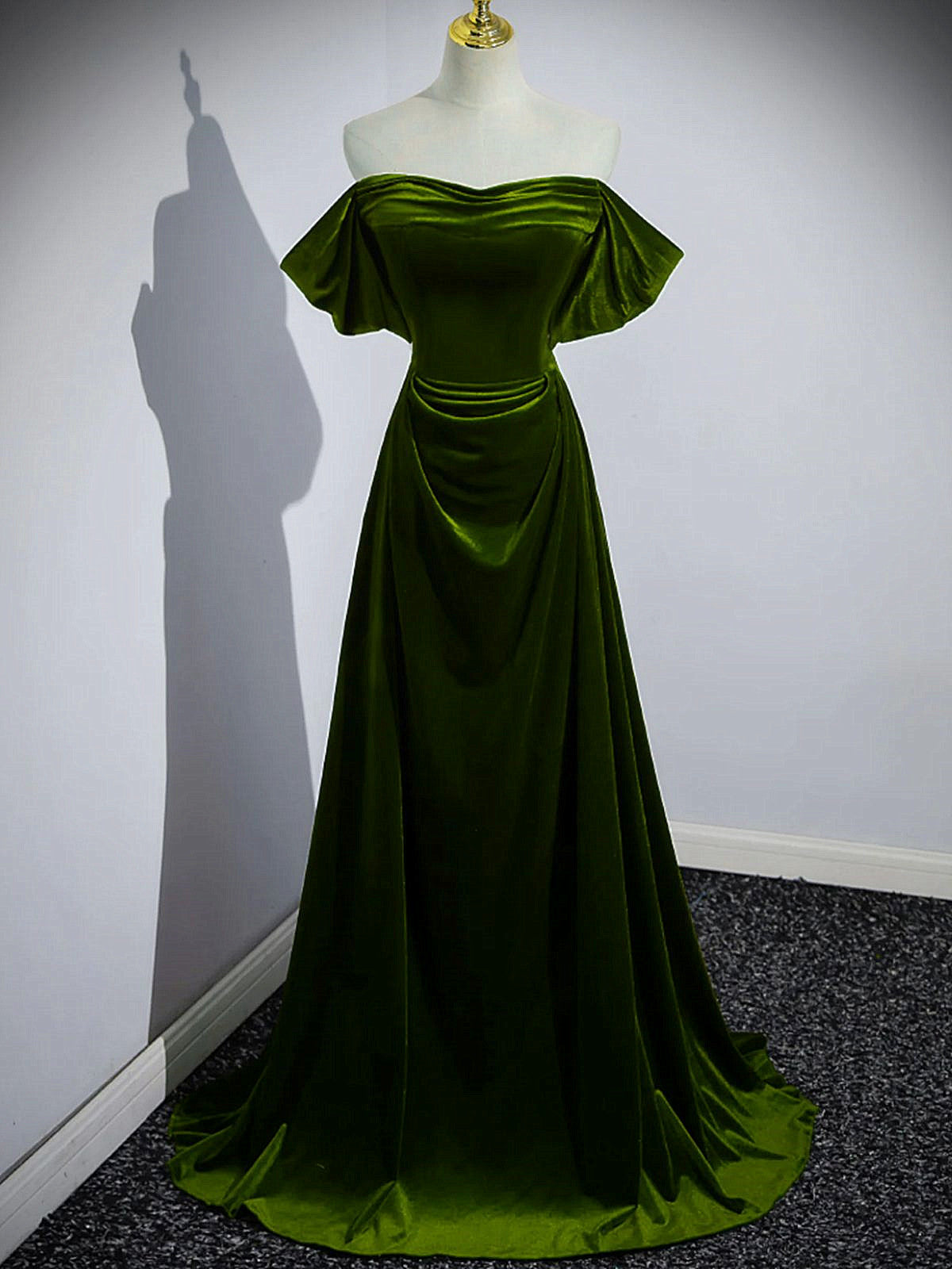 A-line Green Velvet Off Shoulder Long Party Dress, Green Velvet Prom Dress Formal Dress