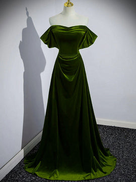 A-line Green Velvet Off Shoulder Long Party Dress, Green Velvet Prom Dress Formal Dress