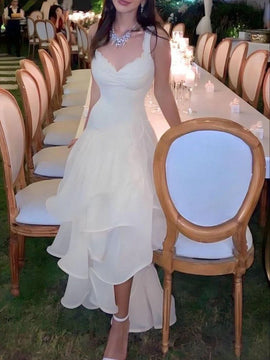 Ivory High Low Straps Sweetheart Homecoming Dress, Ivory Wedding Party Dress
