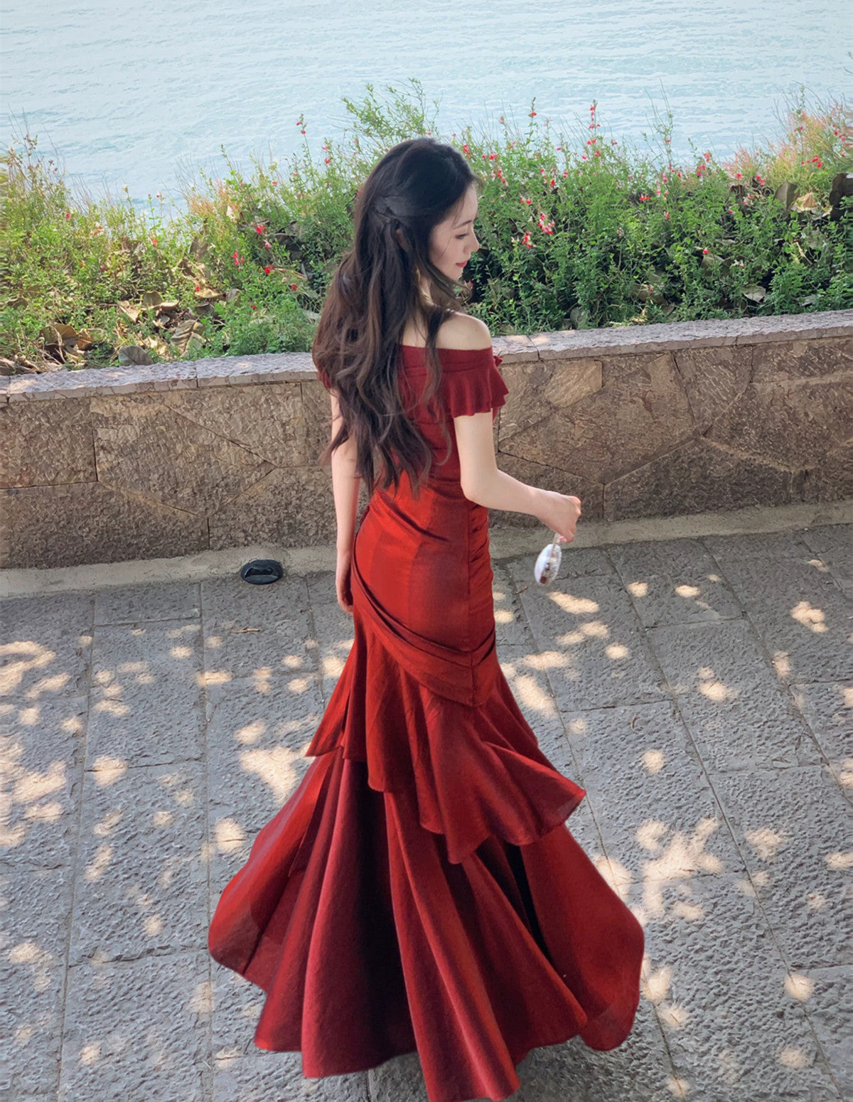 Vintage Off Shoulder Wine Red Prom Dress, Satin Ruched Mermaid Gown with Ruffle Layers
