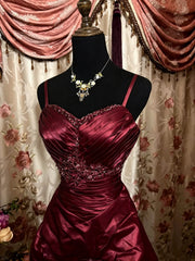 Wine Red Beaded Spaghetti Strap Evening Gown, Vintage Beaded Ruched Tiered Prom Ball Gown Dress