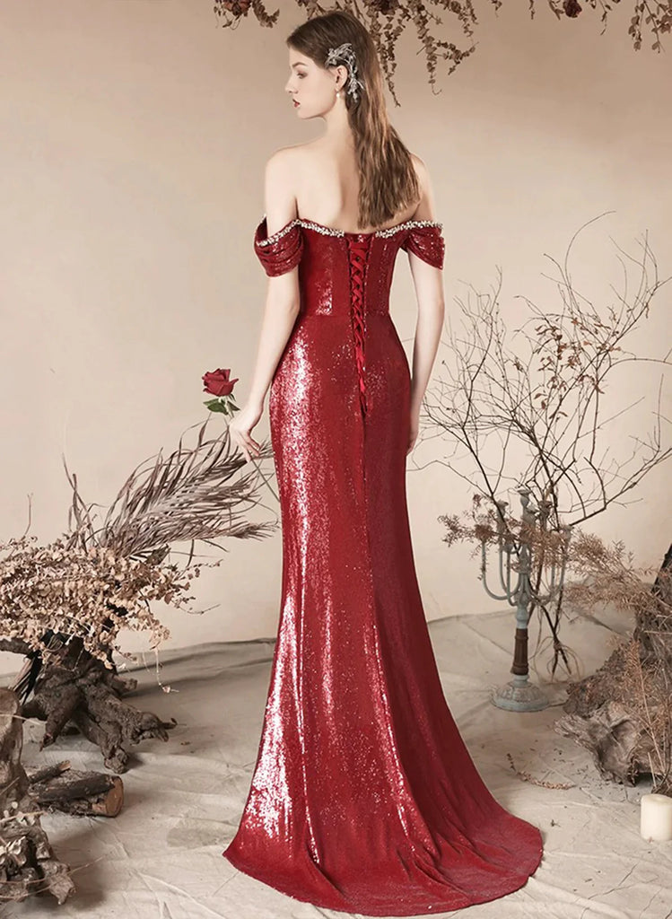 Wine Red Sequins Mermaid Straps Long Formal Gown, Wine Red Sequins Long Prom Dress