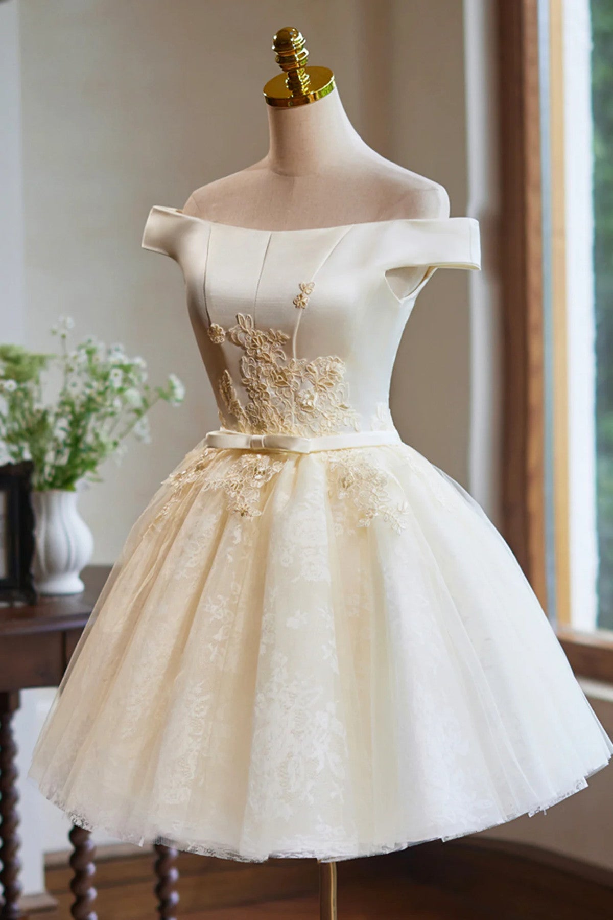Ivory Knee Length Tulle Off Shoulder Party Dress, Ivory Homecoming Dre Cutedressy Ivory Knee Length Tulle Off Shoulder Party Dress, Ivory Homecoming Dre Cutedressy