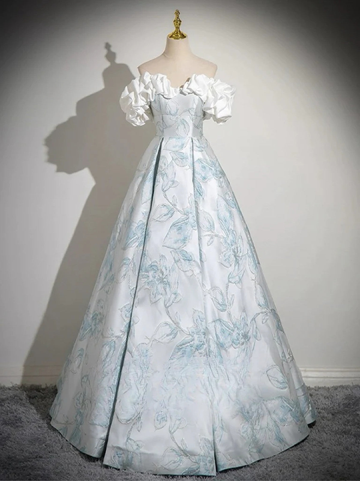 A-line Floral Satin Off Shoulder Sweetheart Formal Dress, Floral Satin Long Prom Dress