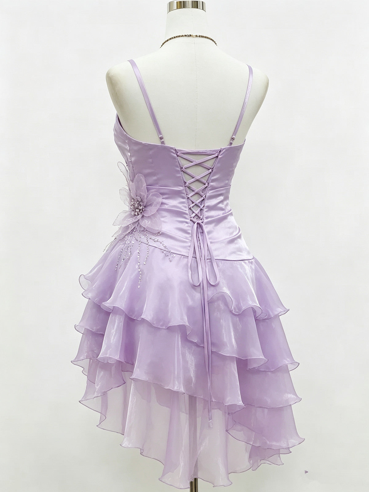 Lavender Spaghetti Strap Organza Homecoming Dress, High-Low Ruffled Skirt Beaded Short Party Dress