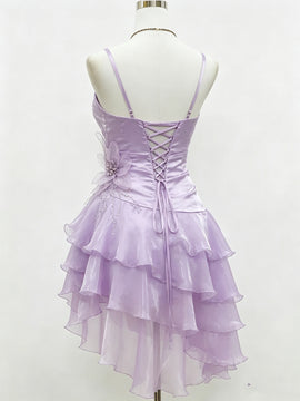 Lavender Spaghetti Strap Organza Homecoming Dress, High-Low Ruffled Skirt Beaded Short Party Dress