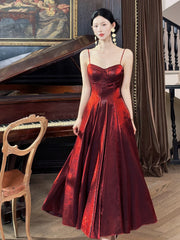 Wine Red Tea Length Straps Sweetheart Homecoming Dress, Wine Red Short Formal Dress