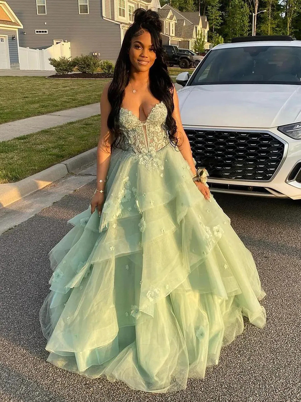 Green V-neckline Tulle with Lace Applique Party Dress, Green Tulle Long Prom Dress