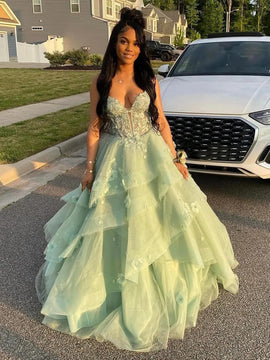 Green V-neckline Tulle with Lace Applique Party Dress, Green Tulle Long Prom Dress