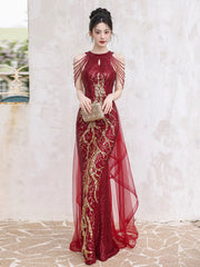 Wine Red Sequins Mermaid Long Party Dress with Lace, Wine Red Long Prom Dress Formal Dress