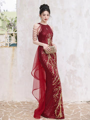 Wine Red Sequins Mermaid Long Party Dress with Lace, Wine Red Long Prom Dress Formal Dress