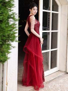 Wine Red Sequins Mermaid Long Party Dress with Lace, Wine Red Long Prom Dress Formal Dress