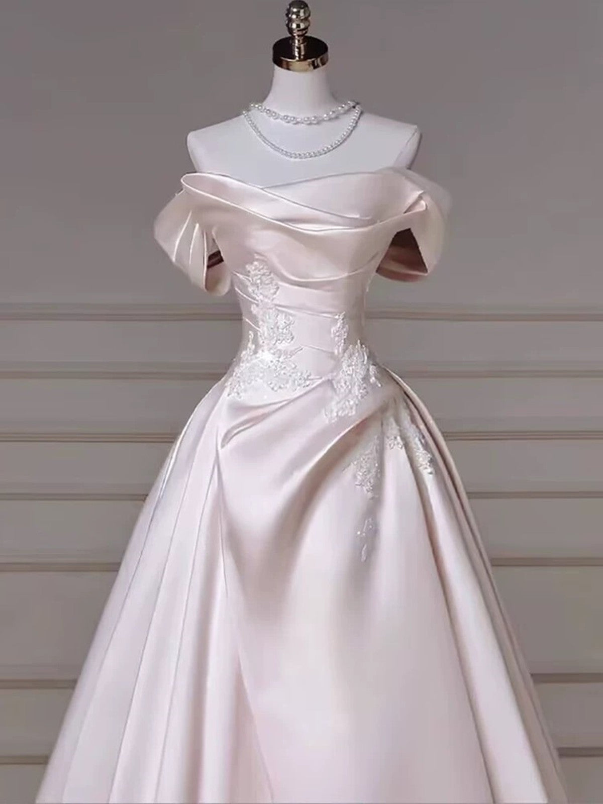 Light Pink Satin A-line Floor Length Party Dress, Light Pink Satin with Lace Prom Dress