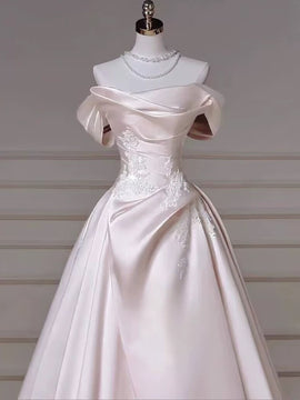 Light Pink Satin A-line Floor Length Party Dress, Light Pink Satin with Lace Prom Dress