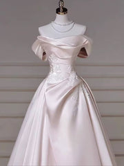Light Pink Satin A-line Floor Length Party Dress, Light Pink Satin with Lace Prom Dress