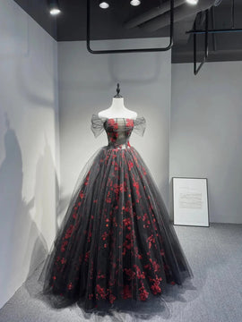 Black A-line Off Shoulder Floral Sweetheart Tulle Party Dress, Black Long Prom Dress