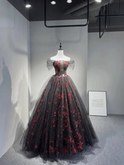 Black A-line Off Shoulder Floral Sweetheart Tulle Party Dress, Black Long Prom Dress
