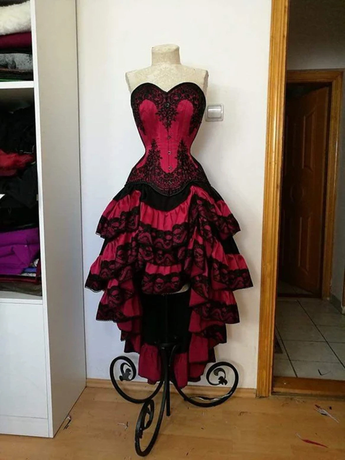 Gothic Corset High Low Black and Red Party Dress, High-Low Ruffled Homecoming Dress with Lace