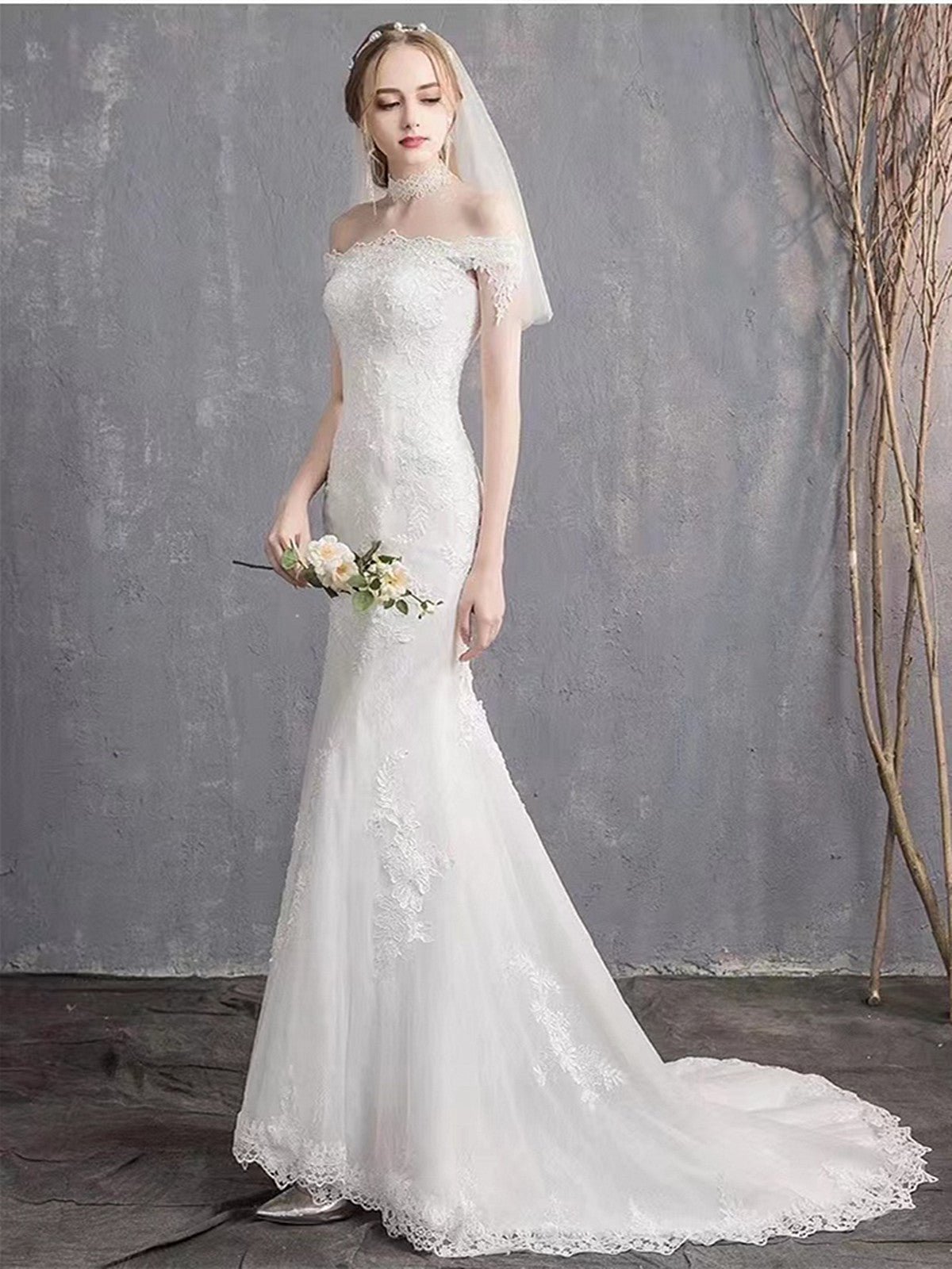 Ivory Mermaid Tulle with Lace Applique Wedding Dress, Off Shoulder Long Wedding Gowns