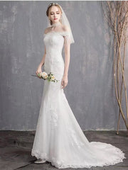 Ivory Mermaid Tulle with Lace Applique Wedding Dress, Off Shoulder Long Wedding Gowns