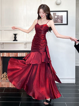 Wine Red Mermaid Straps Satin Sweetheart Party Dress, Wine Red Long Evening Dress