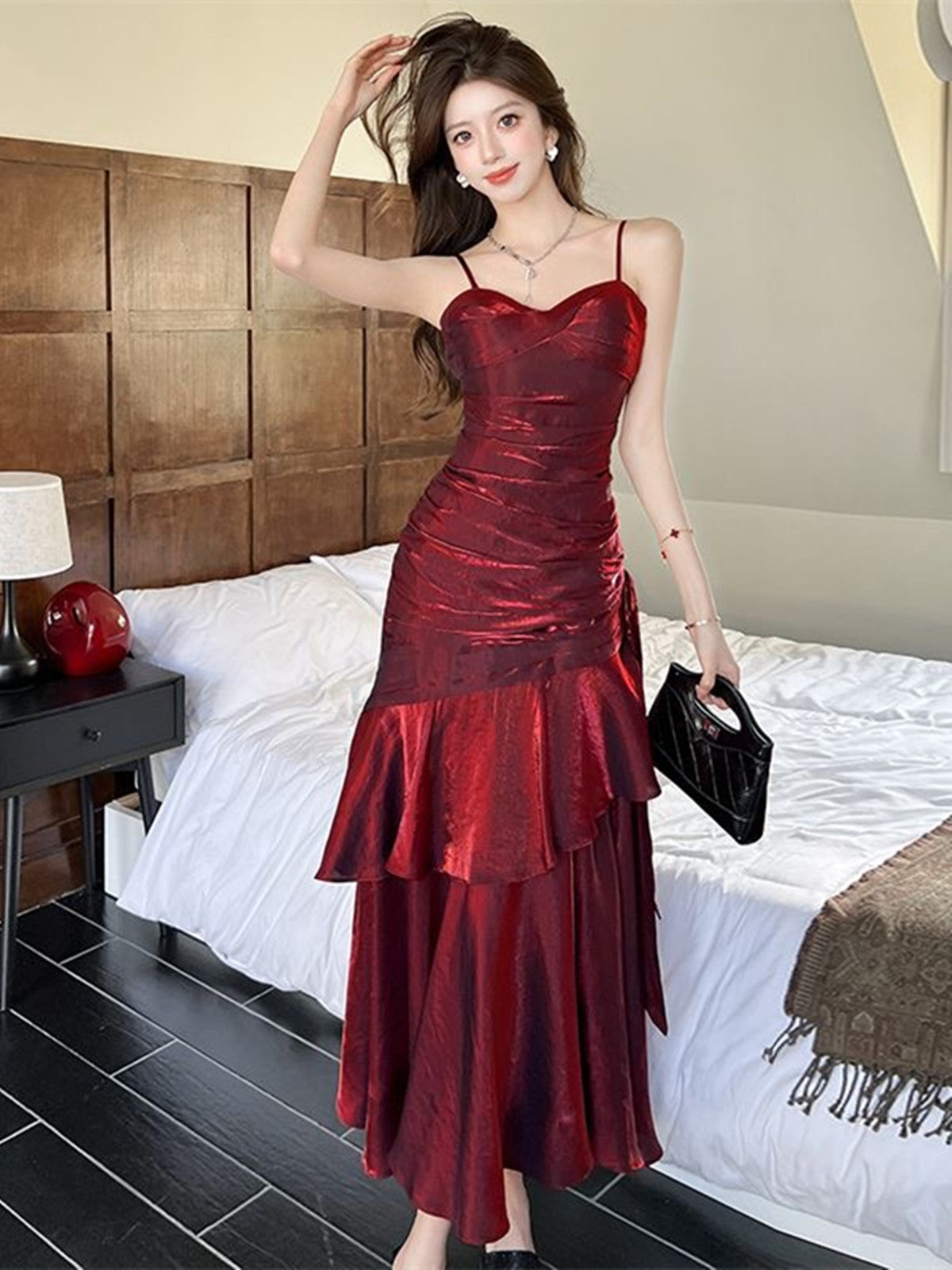 red silk mermaid dress Mermaid Spaghetti Straps Appliques Red Prom Dress with Slit PSK556 US2 / Red