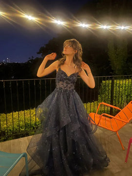 Shinny Tulle A-Line Navy Blue Long Prom Dress, Tulle Straps Floor Length Party Dress
