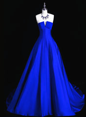 Royal Blue Satin A-line Long Party Dress Evening Dress, Royal Blue Prom Dress