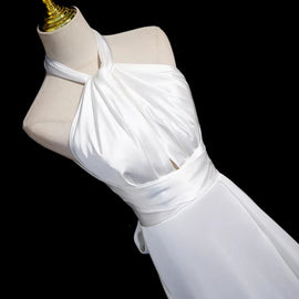 White Satin Halter Mermaid Long Party Dress with Leg Slit, White Satin Long Prom Dress