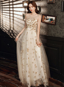 A-line Tulle Round Neckline Champagne Prom Dress, Champagne Evening Dress