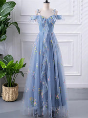 Blue Floral Tulle Off Shoulder Long Evening Dress Party Dress, A-line Blue Prom Dress