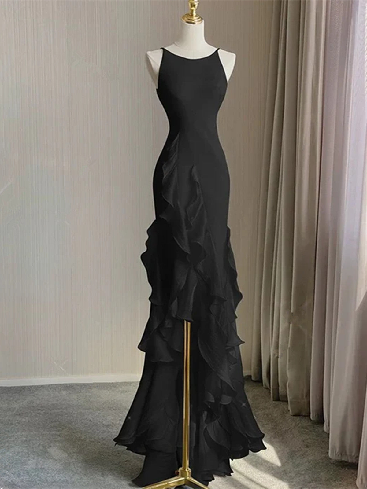 Black Chiffon Low Back Straps Floor Length Party Dress, Black Chiffon Long Prom Dress
