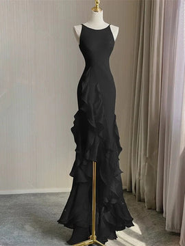 Black Chiffon Low Back Straps Floor Length Party Dress, Black Chiffon Long Prom Dress