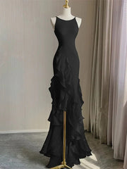 Black Chiffon Low Back Straps Floor Length Party Dress, Black Chiffon Long Prom Dress