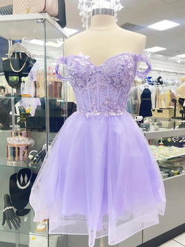 Light Purple Tulle with Lace Applique Party Dress, Off Shoulder Short Formal Dress