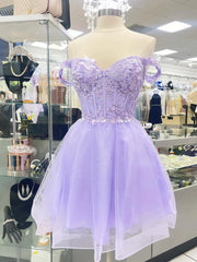 Light Purple Tulle with Lace Applique Party Dress, Off Shoulder Short Formal Dress