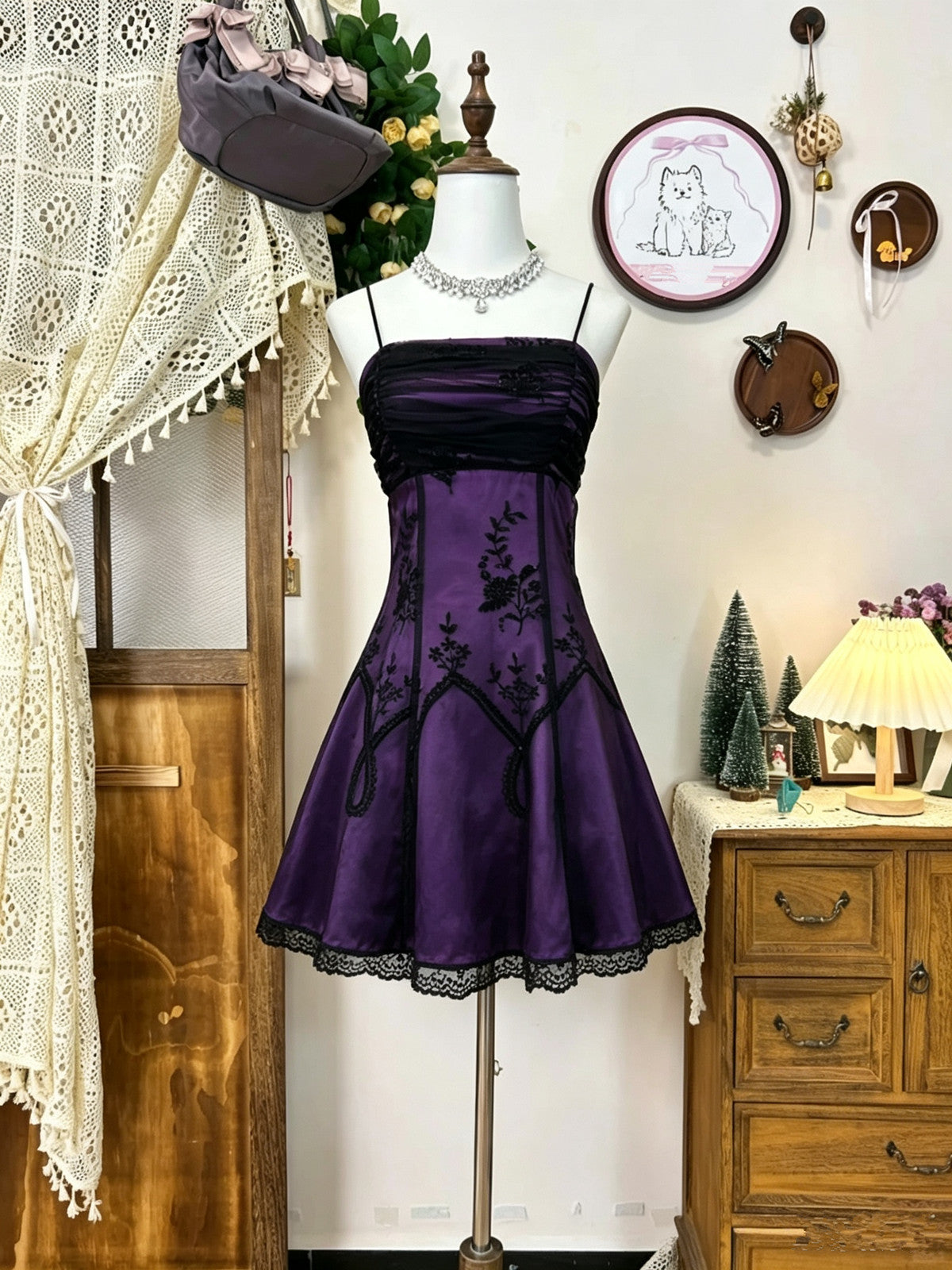 Black and Purple Gothic Straps Short Party Dress, Elegant Short Homecoming Dress Formal Dress