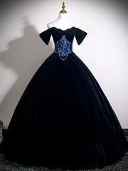 Navy Blue Velvet Off Shoulder with Lace Formal Dress, Navy Blue Velvet Party Dress Evening Dress