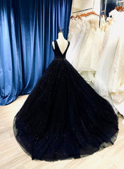 Black Tulle V-neckline Beaded Long Evening Dress, Black Tulle Formal Dress