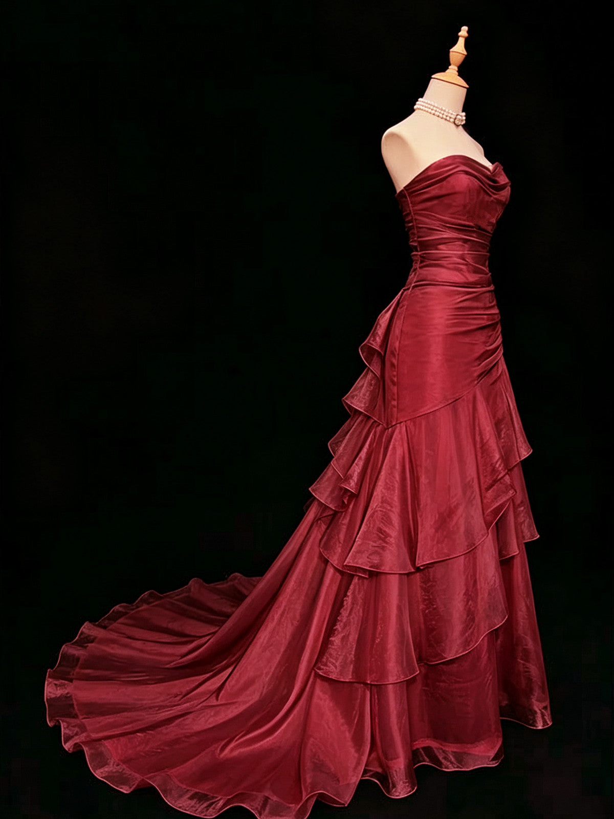 Dark Red Strapless Ruffled Chiffon Floor Length Prom Dress, Dark Red Long Formal Dress