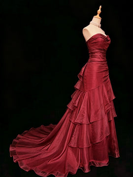 Dark Red Strapless Ruffled Chiffon Floor Length Prom Dress, Dark Red Long Formal Dress