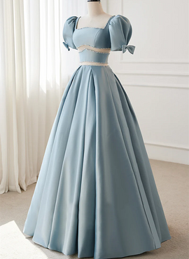 Blue Satin A-line Beaded Chic Long Prom Dress Party Dress, Blue Satin Evening Dress