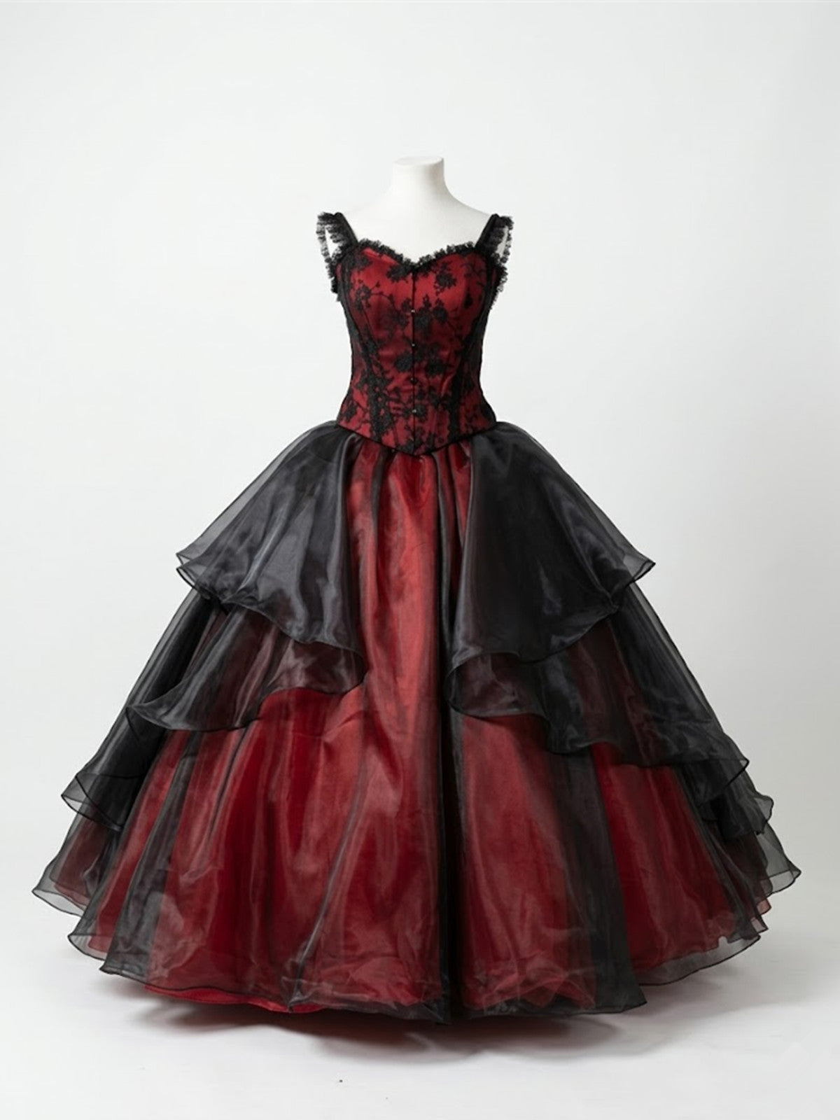 Red and Black Prom Dress Organza with Lace Sweet 16 Party Dress, Tiered Long Prom Dress