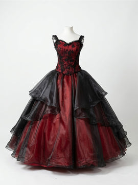 Red and Black Prom Dress Organza with Lace Sweet 16 Party Dress, Tiered Long Prom Dress