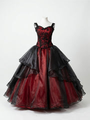 Red and Black Prom Dress Organza with Lace Sweet 16 Party Dress, Tiered Long Prom Dress