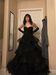A-line Layers Tulle Back Sweetheart Party Dress, Black Tulle Long Prom Dress Evening Dress