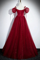 Wine Red Tulle and Sequins A-line Party Dress, Wine Red Tulle Prom Dress