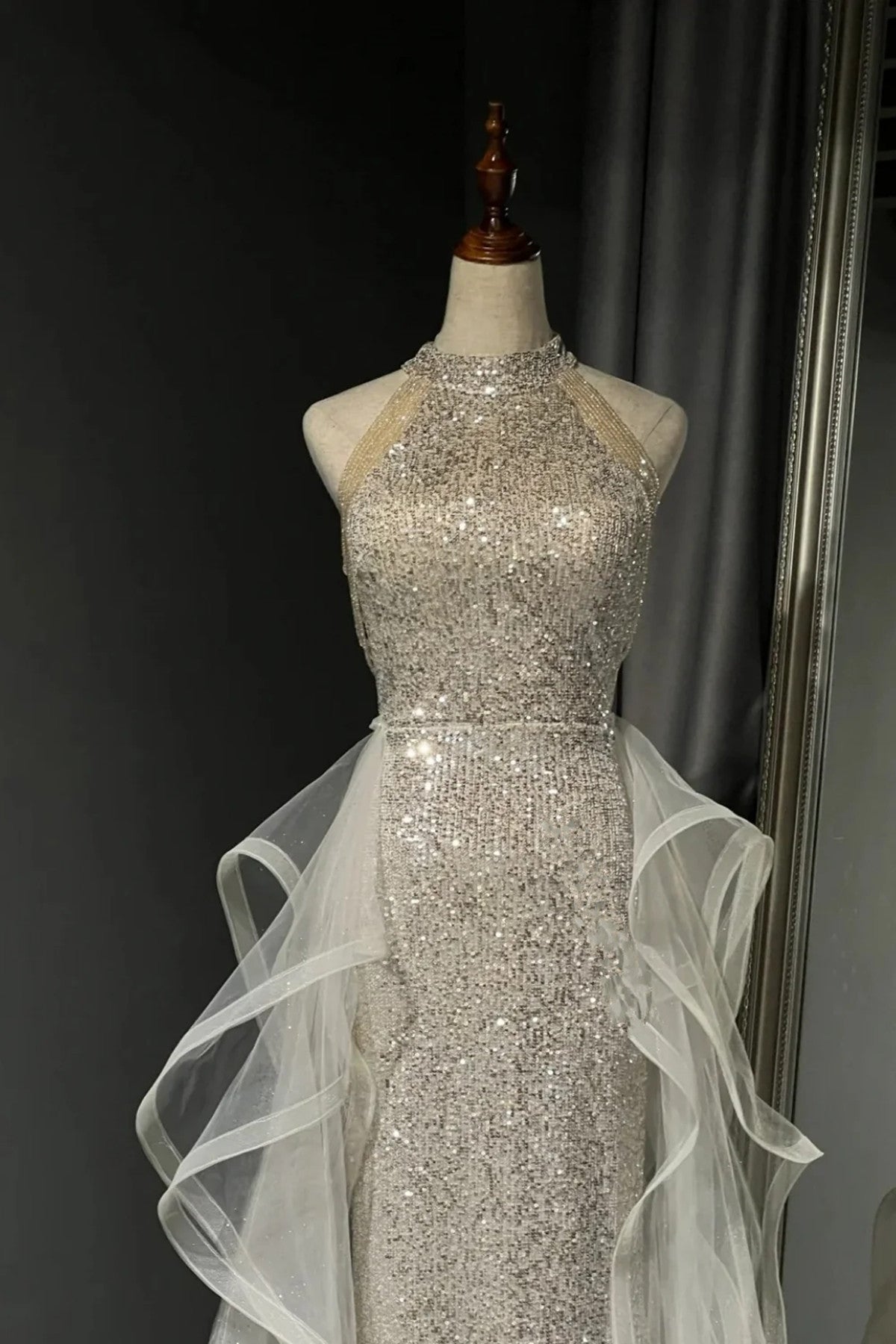 Chic White Tulle and Sequins Long Prom Dress, Halter A-line Party Dress Evening Dress